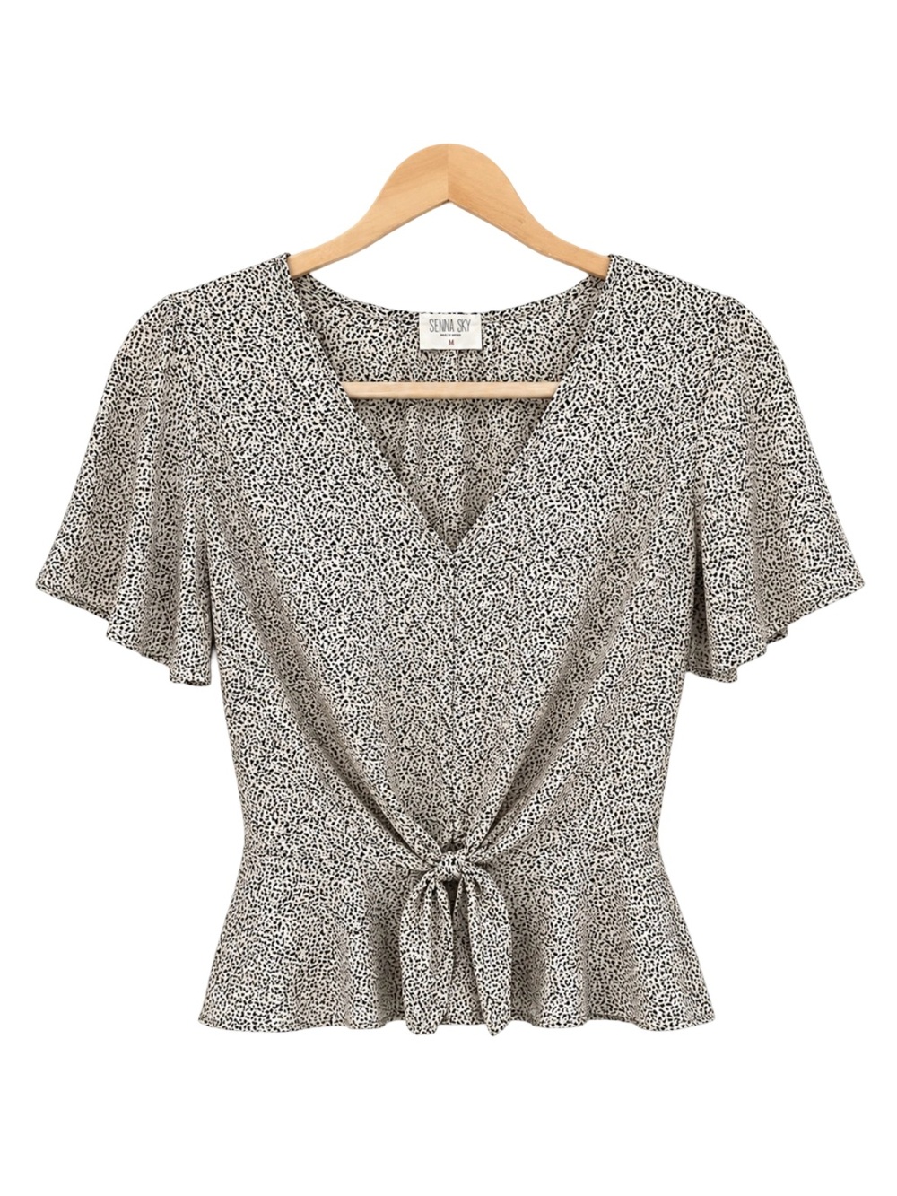 Sienna Sky Women Blouse M Black White Speckled Animal Print Tie Front Peplum Top